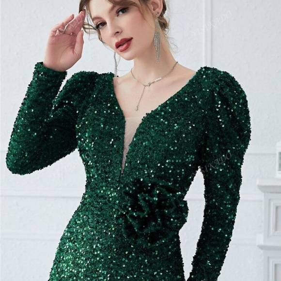 Giffniseti Sequined Emerald Green Mermaid Evening Gown Puff Sleeves Rosette S - Picture 3 of 13